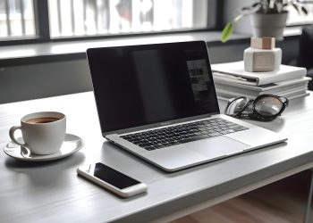 Workplace with laptop. cup of coffee and smartphone on table in Workplace with laptop. cup of coffee and smartphone on table in office